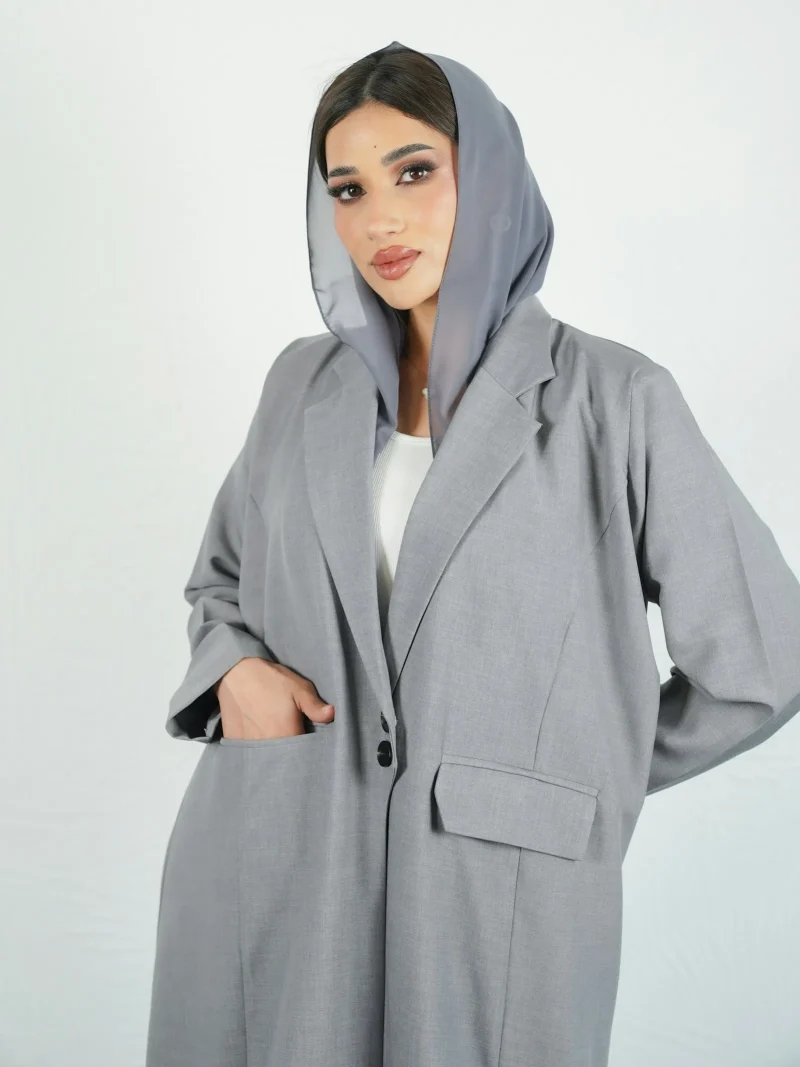 Velora Iron Tunic — modest iron-grey tunic, look 1